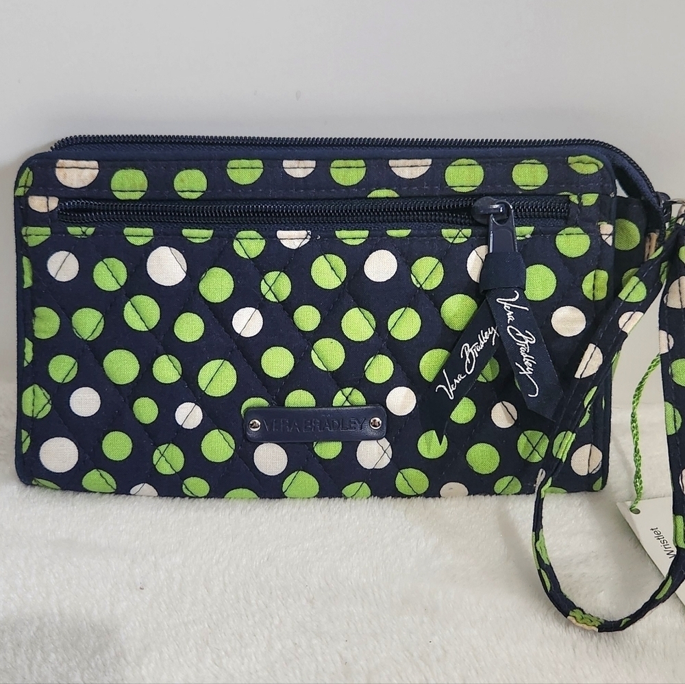 Vera Bradley Retired Navy Blue Green White Lucky Dots Front Zip Wristlet NWT